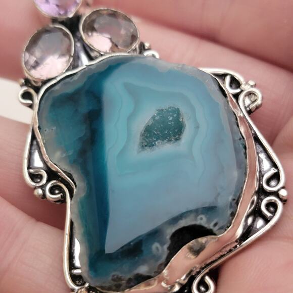 Sterling Silver Geode Pendant Necklace with Amethyst, 20-Inch Natural Jewelry - Picture 3 of 10